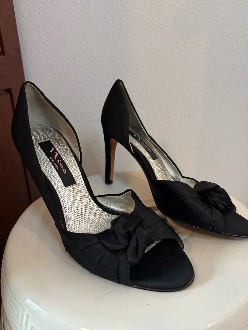 Nina Black Satin Peep-Toe Heels with Front Knot